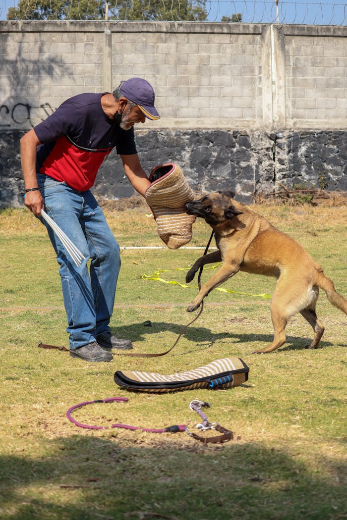 A man conducting a protection training session with a dog in Ciudad de México.